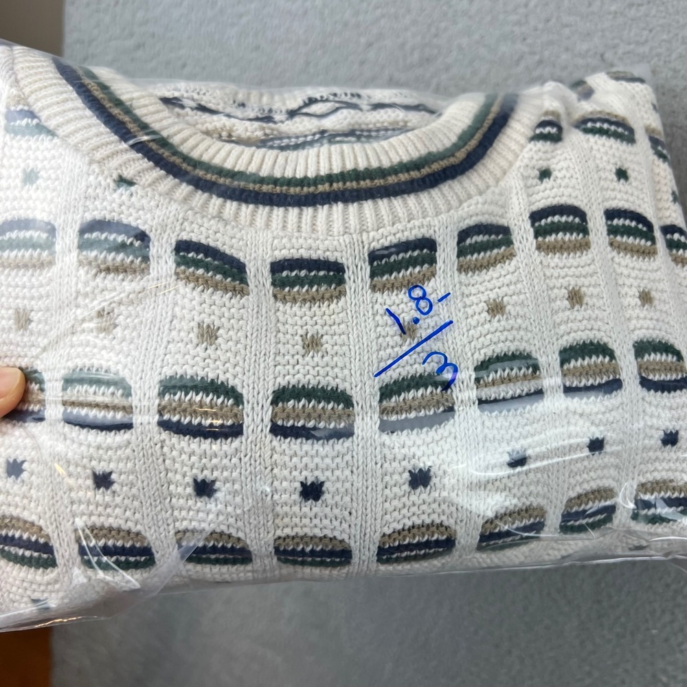 Vintage Textured Knit Geometric Crewneck Sweater Mens Cream Green Brown Pattern - Picture 8 of 8